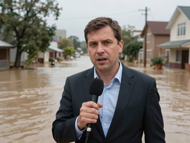 Reporter holding a microphone in front of a flood-damaged street, murky water visible, overcast natural light, urgent documentary framing, subject mid-sentence facing camera