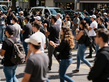 Wide shot of a street-level crowd gathered at a civic demonstration, reporters visible on the periphery, natural daylight with harsh shadows, documentary energy, motion blur on the crowd