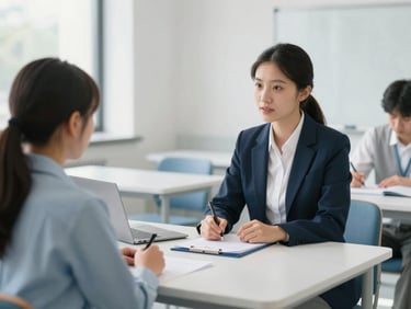 A career counselor discussing pathways with a young adult, clean modern educational setting, bright daylight, 35mm photography.