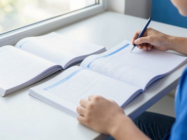 Close-up of a student's hands organizing neat, printed study guides and notebooks on a clean desk, bright natural window light, blue accents