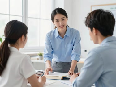 A professional academic advisor in a bright office guiding a student with books, high-key lighting, 35mm photography.