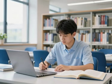 Focused student studying with modern learning materials in a bright, daylight-filled library, professional blue and white accents, 35mm