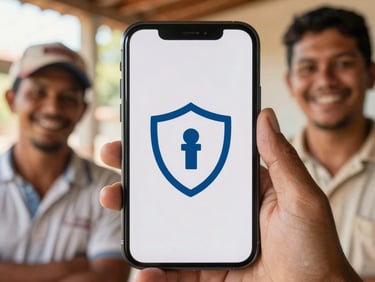 A clear security badge or shield icon displayed prominently on a smartphone screen, indicating trusted financial service, in warm natural light.