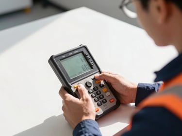 Technician using a digital locator screen on a clean job site, precise readings, focused expression, bright sunlight.