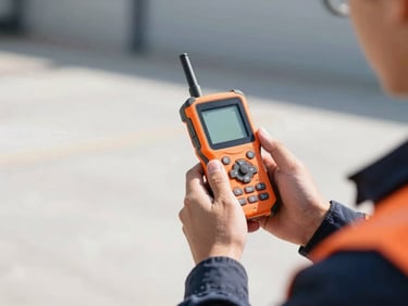 Technician holding a digital locator device, screen showing data, clean job site, bright sunlight.