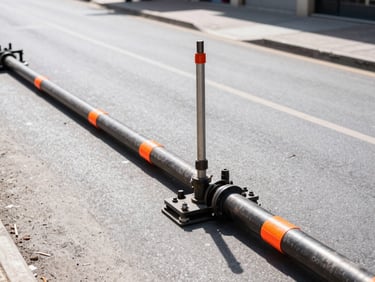 Directional boring rig working on a city street, minimal disruption, clean job site, municipal infrastructure, bright direct sunlight