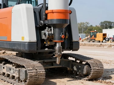 Powerful directional boring machine on a clean job site, focus on the drill, high-contrast, bright sunlight.