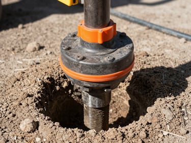 Close-up of a directional boring head emerging from the ground, clean soil, conduit attached, bright Florida sunlight, safety orange accents.