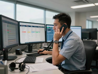 Dispatcher on a phone call at a workstation surrounded by multiple monitors showing freight rates, mid-shot, practical office fluorescent light mixed with afternoon window light, papers and a headset on the desk
