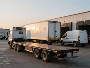 Wide truck yard at golden hour showing a flatbed, a reefer trailer, and a dry van backed into loading docks, natural warm light raking across the trailers, operational dock workers in background