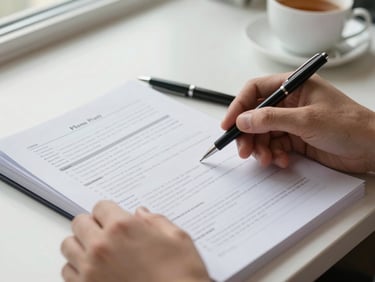 Close-up of hands turning pages of a printed financial planning document on a desk in natural window light, pen resting beside the pages, a cup of tea partially visible at the edge of frame
