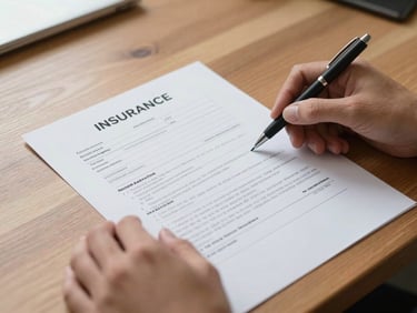 Hands holding a printed insurance policy document on a wooden desk, pen resting beside it, soft natural light from the left side