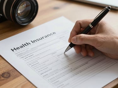 Close-up of a health insurance claim form being filled out on a wooden desk, pen in hand, soft north-facing natural light, no faces