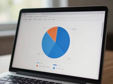 Close-up of a laptop screen showing a portfolio allocation dashboard with pie chart segments, natural daylight from a window, desk surface visible at the edges