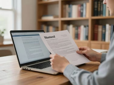 Wide shot of a tidy home study with a person reviewing mutual fund documents on a laptop, bookshelves in background, calm natural light from a window to the left