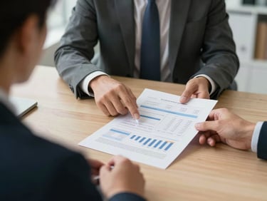 Medium shot of an advisor pointing at a printed financial planning chart across a meeting table, client reviewing the same document, daylight office setting
