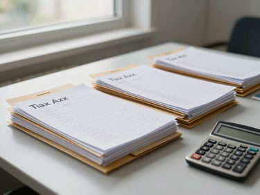 Wide shot of organized tax filing folders and a calculator on a clean desk surface, north-facing window light, no faces visible