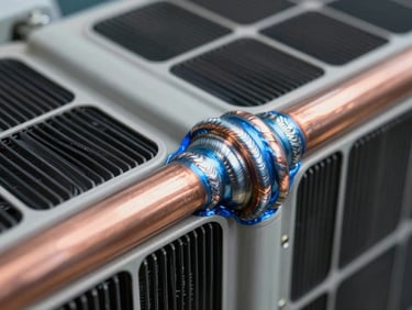 A macro close-up of clean copper welds on an HVAC condenser coil, coated in a protective, high-visibility blue anti-corrosive sealant under crisp, focused light.