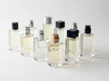 Elegant glass perfume bottles arranged neatly on a clean slate surface, soft natural light