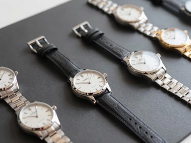 Close-up of luxury watches and fine imitation jewelry on a minimalist dark surface, bright daylight