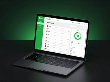 High-fidelity isometric mockup of the Live21 reseller dashboard on a dark sleek laptop screen, glowing neon green interface elements showing active user statistics, dark studio background with soft green backlighting