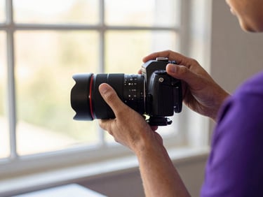 A professional digital creator in a bright studio adjusting a high-end camera lens, warm natural window light, shallow depth of field, 35mm