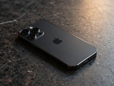 Sleek obsidian black iPhone resting on an elegant dark marble surface, soft golden side lighting.