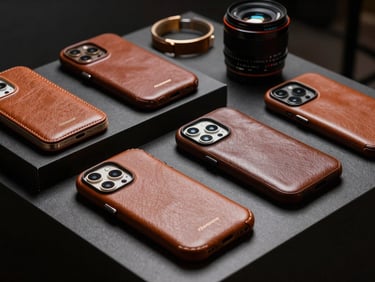 Premium leather iPhone cases and accessories neatly arranged like high-end jewelry on a dark display stand.