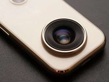 Extreme close-up of a pristine golden iPhone camera lens module, clean studio reflections, dark background.