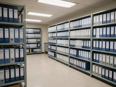 Wide environmental shot of an organized compliance workspace, rows of labeled regulatory files on metal shelving, overhead fluorescent lighting, clean linoleum floor, no people, calm and ordered atmosphere