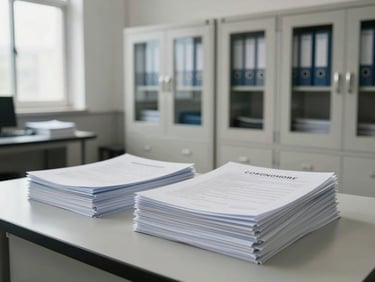 Wide environmental shot of a clean, organized regulatory office workspace — filing cabinets with labeled folders visible in background, a desk with neatly stacked compliance dossiers in the foreground, north-facing daylight from a window to the left, no people, cold neutral tones
