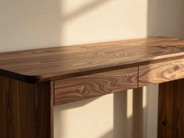 Extreme close-up of a custom-designed walnut console table, highlighting the wood grain and precise joinery, with golden-hour light.
