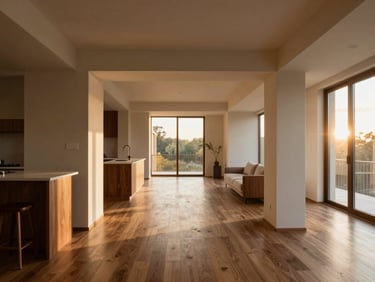 Architectural overhead shot of a meticulously planned open-concept living area, showcasing clear zones and circulation paths, with soft directional light.