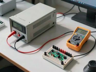 Overhead shot of a test bench setup with a bench power supply, digital multimeter, and a small breadboard circuit, measurement leads organized neatly, bright north-facing daylight illuminating the full workspace without shadows