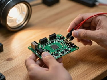 Hands holding a microcontroller development board over a wooden workbench surface, USB port and pin headers in sharp focus, test leads clipped to two pins, neutral tungsten workshop lighting from the left