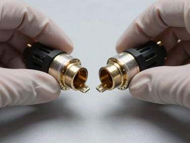 Macro close-up of a JST connector pair being mated by gloved hands on a laboratory bench, bright shadowless studio light revealing the connector locking tab detail, neutral gray background