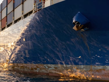 Extreme close-up of a massive container ship hull painted deep blue, golden hour light reflecting off the steel plates and water, architectural cargo scale.