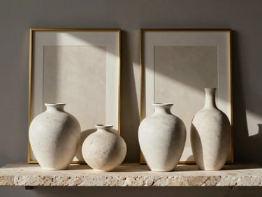Handcrafted luxury home decor accessories, textured ceramic vases and gold-trimmed wall art arranged on a minimalist stone shelf, dramatic side-lighting.