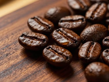 Dramatic low-key side-lit close-up of raw roasted coffee beans with glistening oils juxtaposed against polished teak wood grain, luxury gold accent lighting.