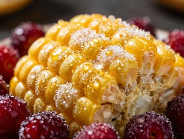 Macro shot of glistening IQF frozen sweet corn and deep red berries, dramatic side-lighting, cold condensation crystals visible, dark background.