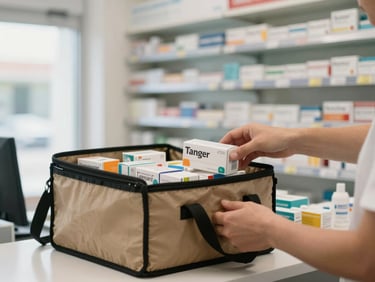 Medium shot of a pharmacy interior in Tanger, close-up of medicine boxes being placed into a delivery bag on the counter, natural window light from the left, clean shelves of medicines visible in the background, hands in frame but no face