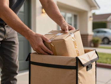Hands carefully placing a sealed parcel into a delivery bag on a doorstep in a Tanger residential neighborhood, warm afternoon light on the facade