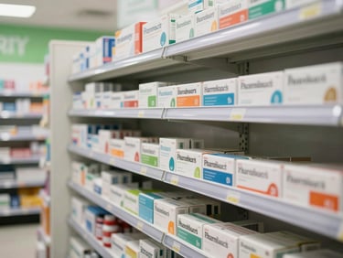 Pharmacy shelves neatly stocked with medicine boxes in a well-lit Tanger pharmacy, soft north-facing indoor light, clean white and green tones