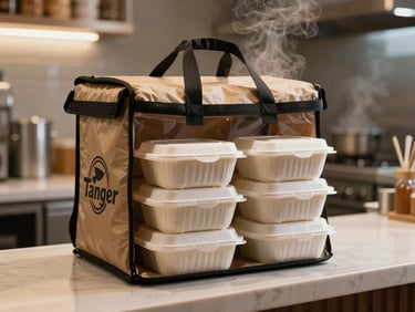 Takeaway food containers neatly packed in a delivery bag on a restaurant counter in Tanger, warm ambient light from kitchen, steam rising gently