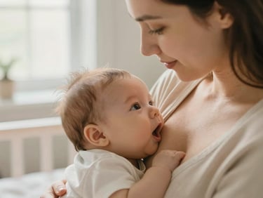A gentle close-up of a mother nursing her baby in a sunlit nursery, soft focus, warm natural tones, peaceful expression