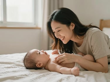 A mother and partner smiling together at their baby lying on a soft blanket, warm natural light, gentle home setting