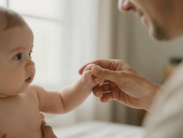A father gently holding a tiny baby's hand, soft diffused morning light, warm beige and sage tones, emotional connection