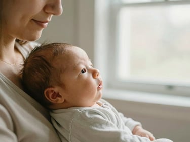 Close-up of mother gently cradling a newborn baby during a quiet feeding moment, warm natural window lighting, soft focus
