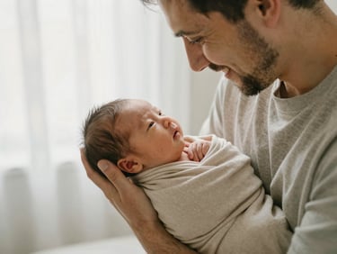 A father and mother smiling down at their newborn baby wrapped in a soft beige blanket, warm morning light, intimate moment