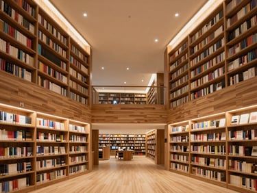 Interior spatial design of a double-height residential library, dramatic architectural uplighting at dusk, warm timber tones